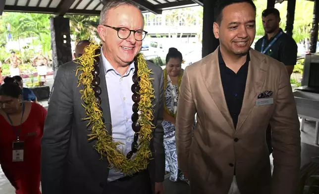 Australia's Prime Minister Anthony Albanese arrives for the Leaders' Retreat during the Commonwealth Heads of Government Meeting (CHOGM) in Apia, Samoa, Saturday, Oct. 26, 2024. (William West/Pool Photo via AP)