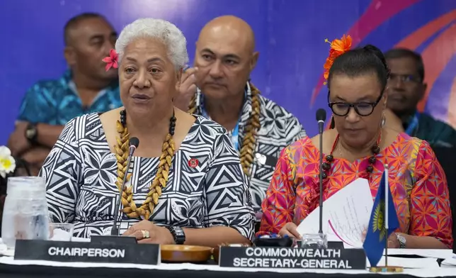 Samoan Prime Minister Afioga Fiamē Naomi Mataʻafa, left, and CHOGM Secretary General Patricia Scotland during the Foreign Ministers meeting at the Commonwealth Heads of Government meeting in Apia, Samoa, Thursday, Oct. 24, 2024. (AP Photo/Rick Rycroft/Pool)