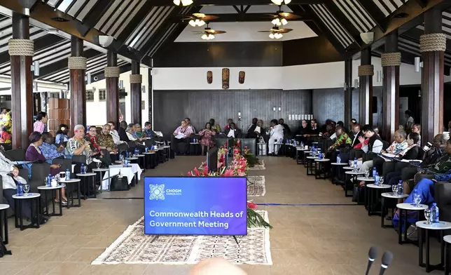 Samoa's Prime Minister Afioga Fiame Naomi Mata'afa addresses the Leaders' Retreat during the Commonwealth Heads of Government Meeting (CHOGM) in Apia, Samoa, Saturday, Oct. 26, 2024. (William West/Pool Photo via AP)