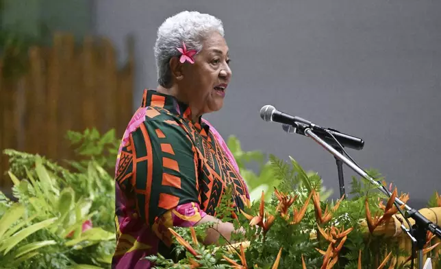 Samoa's Prime Minister Afioga Fiame Naomi Mata'afa speaks during the State Banquet during the Commonwealth Heads of Government Meeting (CHOGM) in Apia, Samoa, Thursday, Oct. 24, 2024. (William West/Pool Photo via AP)