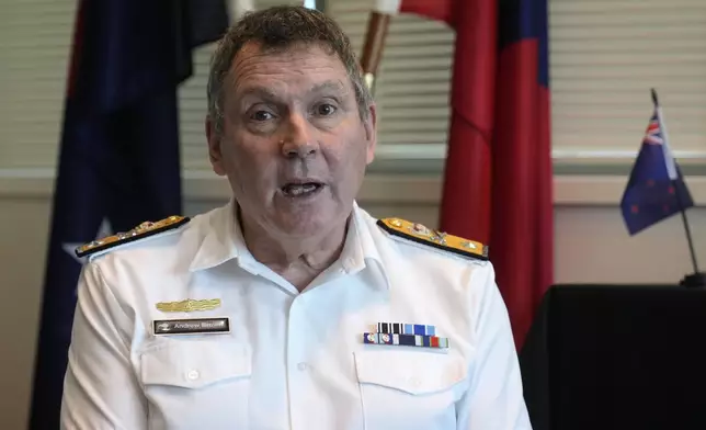 Deputy Chief of the New Zealand Navy, Commodore Andrew Brown comments in Apia, Samoa, on Tuesday, Oct. 22, 2024, about the sinking of HMNZS Manawanui. (AP Photo/Rick Rycroft)