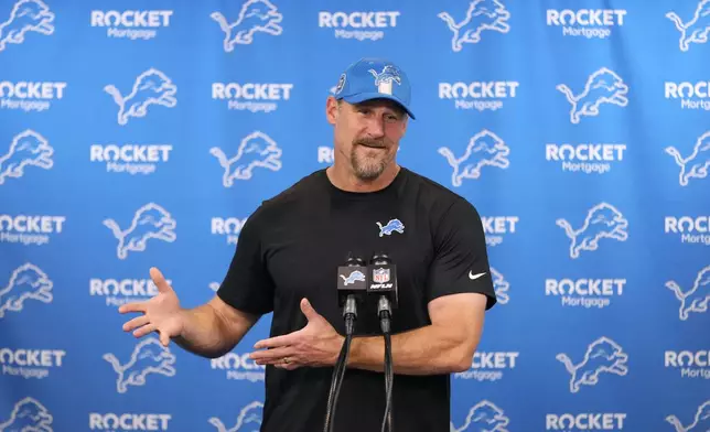 Detroit Lions head coach Dan Campbell addresses the media after an NFL football game against the Seattle Seahawks, Monday, Sept. 30, 2024, in Detroit. (AP Photo/Paul Sancya)