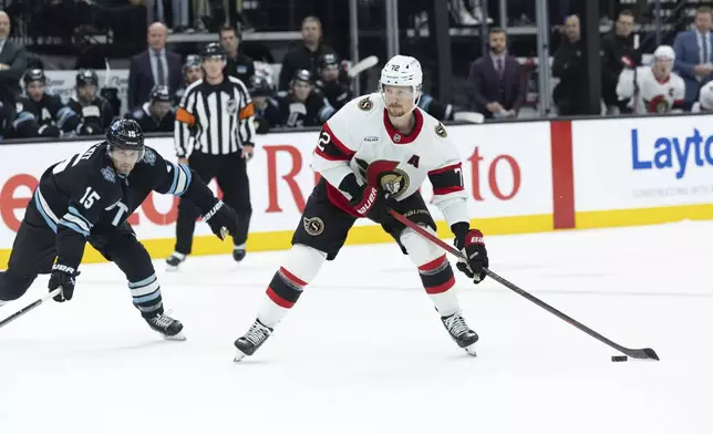 Ottawa Senators defensemen Thomas Chabot (72) shoots the puck against Utah Hockey Club forward Alexander Kerfoot (15) in the first period of an NHL hockey game, Tuesday Oct 22, 2024, in Salt Lake City. (AP Photo/Melissa Majchrzak)