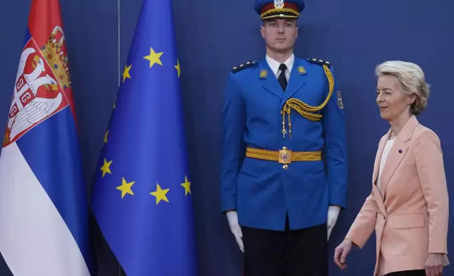 European Commission President Ursula von der Leyen arrives at a news conference after talks with Serbian President Aleksandar Vucic at the Serbia Palace in Belgrade, Serbia, Friday, Oct. 25, 2024. (AP Photo/Darko Vojinovic)