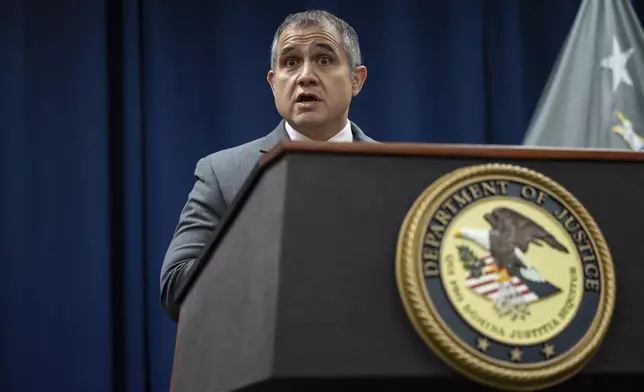 Commanding officer of the NYPD, Deputy Chief Carlos Ortiz speaks during a press conference in regards to the arrests of former Abercrombie &amp; Fitch CEO Mike Jeffries and his partners as part of sex trafficking investigation at the U.S. Attorney's Office, Tuesday, Oct. 22, 2024, in New York. (AP Photo/Yuki Iwamura)