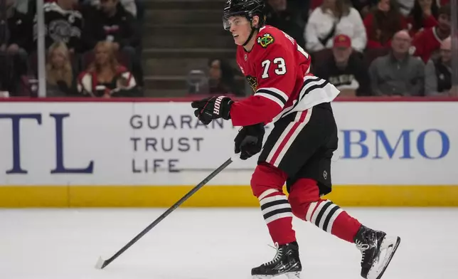 Chicago Blackhawks left wing Lukas Reichel skates during the second period of an NHL hockey game against the San Jose Sharks, Thursday, Oct. 17, 2024, in Chicago. (AP Photo/Erin Hooley)
