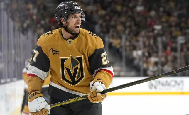 Vegas Golden Knights defenseman Shea Theodore skates against the San Jose Sharks during the first period of an NHL hockey game Saturday, Oct. 26, 2024, in Las Vegas. (AP Photo/Lucas Peltier)