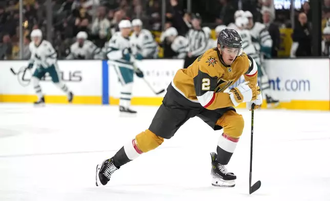 Vegas Golden Knights defenseman Zach Whitecloud (2) skates against the San Jose Sharks during the first period of an NHL hockey game Saturday, Oct. 26, 2024, in Las Vegas. (AP Photo/Lucas Peltier)