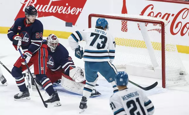 San Jose Sharks' Tyler Toffoli (73) tips the puck past Winnipeg Jets goaltender Connor Hellebuyck, second from left, as Jets' Hadyn Fleury (24) defends during first-period NHL hockey game action in Winnipeg, Manitoba, Friday, Oct. 18, 2024. (John Woods/The Canadian Press via AP)