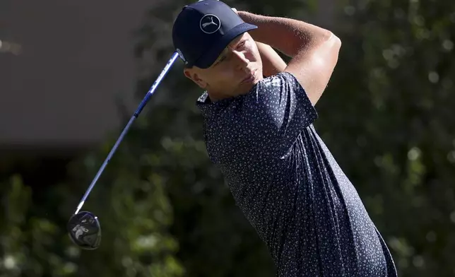 Matti Schmid hits off the tee on the third hole during the final round of the Shriners Children's Open golf tournament, Sunday, Oct. 20, 2024, in Las Vegas. (AP Photo/Ian Maule)