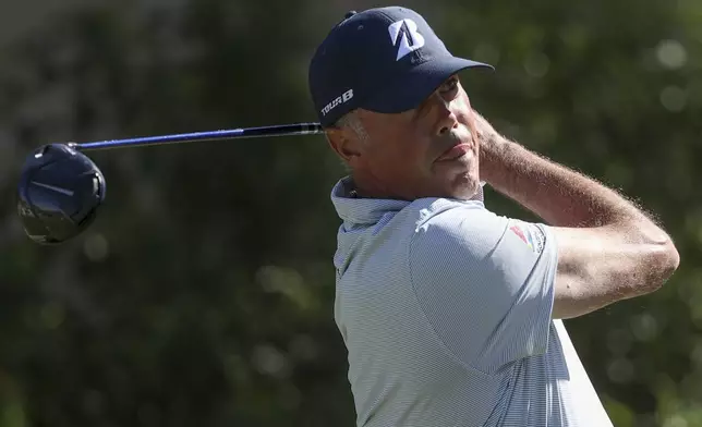 Matt Kuchar hits off the tee on the third hole during the final round of the Shriners Children's Open golf tournament, Sunday, Oct. 20, 2024, in Las Vegas. (AP Photo/Ian Maule)