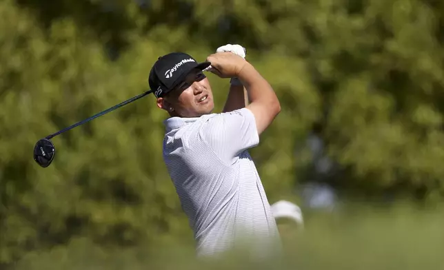 Rico Hoey hits off the first tee during the final round of the Shriners Children's Open golf tournament, Sunday, Oct. 20, 2024, in Las Vegas. (AP Photo/Ian Maule)