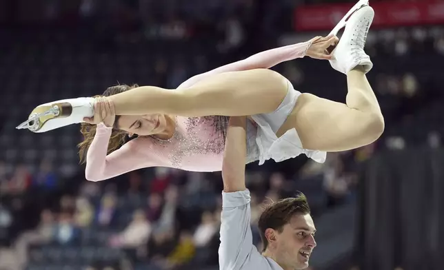 Daria Danilova and Michel Tsiba of the Netherlands compete in the pairs short program at the Skate Canada International figure skating competition in Halifax, Nova Scotia, Friday, Oct. 25, 2024. (Darren Calabrese/The Canadian Press via AP)