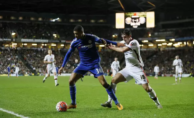 FILE - Milton Keynes Dons' Joe Walsh, right, competes for the ball with Chelsea's Ruben Loftus-Cheek during the English FA Cup fourth round soccer match between Milton Keynes Dons and Chelsea at Stadium mk in Milton Keynes, England, Sunday, Jan. 31, 2016. (AP Photo/Kirsty Wigglesworth, File)