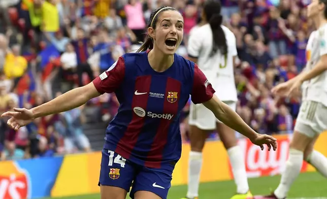 FILE - Barcelona's Aitana Bonmati celebrates after scoring the opening goal during the women's Champions League final soccer match between FC Barcelona and Olympique Lyonnais at the San Mames stadium in Bilbao, Spain, Saturday, May 25, 2024. (AP Photo/Alvaro Barrientos, File)