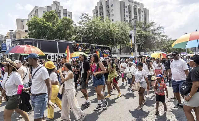 Members of the LGTBQ community take part in a Pride march in Johannesburg, South Africa Saturday, Oct. 26, 2024. (AP Photo)