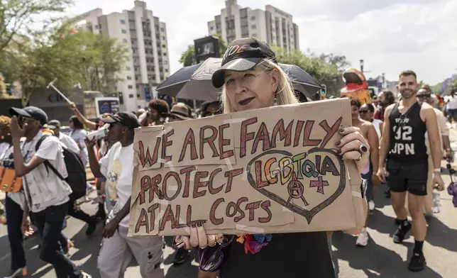 Members of the LGTBQ community take part in a Pride march in Johannesburg, South Africa Saturday, Oct. 26, 2024. (AP Photo)