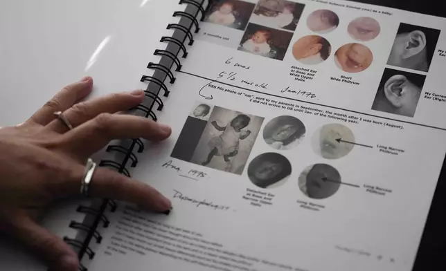 Rebecca Kimmel shows a comparison page of differences in facial features between those taken of her after adoption and the girl used in her adoption file, at her home Saturday, Feb. 3, 2024, in Seattle. Kimmel had her adoption photos cross-checked by a dysmorphologist, a medical expert trained to identify birth defects in children, mainly from facial features. His conclusion: These were likely different girls. (AP Photo/Lindsey Wasson)