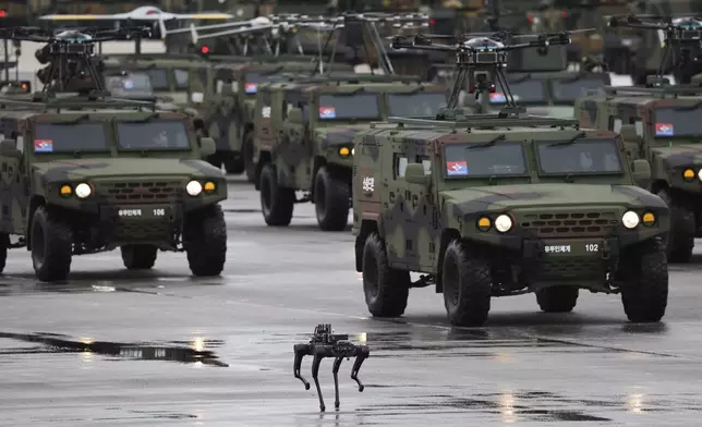 A quadruped robot marches during a celebration to mark the 76th anniversary of Korea Armed Forces Day in Seongnam, South Korea Tuesday, Oct. 1, 2024. (Kim Hong-Ji/Pool Photo via AP)