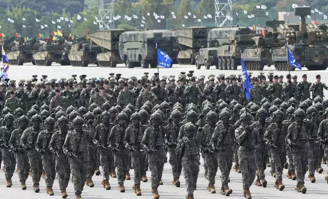 South Korean soldiers march during the media day for the 76th anniversary of Armed Forces Day at Seoul air base in Seongnam, South Korea, Wednesday, Sept. 25, 2024. (AP Photo/Ahn Young-joon)