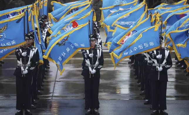 Members of South Korean Air Force's honor guards attend a celebration to mark 76th anniversary of Korea Armed Forces Day, in Seongnam, South Korea, Tuesday, Oct.1, 2024. (Kim Hong-Ji/Pool Photo via AP)