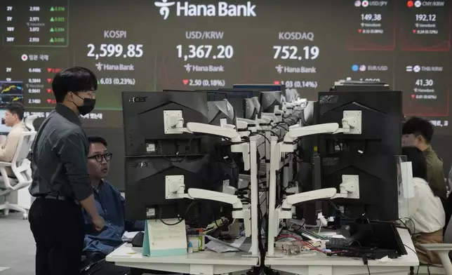 Currency traders watch monitors at the foreign exchange dealing room of the KEB Hana Bank headquarters in Seoul, South Korea, Monday, Oct. 21, 2024. (AP Photo/Ahn Young-joon)