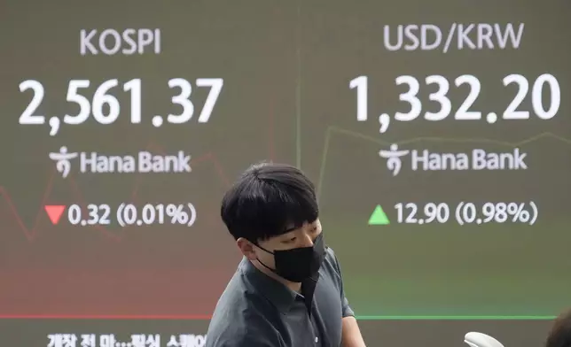 A currency trader watches monitors near a screen showing the Korea Composite Stock Price Index (KOSPI), left, and the foreign exchange rate between U.S. dollar and South Korean won at the foreign exchange dealing room of the KEB Hana Bank headquarters in Seoul, South Korea, Friday, Oct. 4, 2024. (AP Photo/Ahn Young-joon)