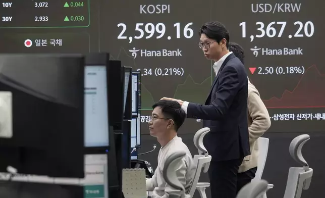 Currency traders watch monitors near a screen showing the Korea Composite Stock Price Index (KOSPI) and the foreign exchange rate between U.S. dollar and South Korean won, right, at the foreign exchange dealing room of the KEB Hana Bank headquarters in Seoul, South Korea, Monday, Oct. 21, 2024. (AP Photo/Ahn Young-joon)