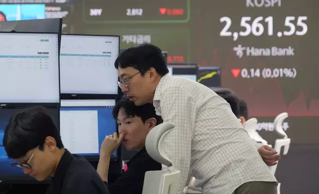 Currency traders watch monitors near a screen showing the Korea Composite Stock Price Index (KOSPI) at the foreign exchange dealing room of the KEB Hana Bank headquarters in Seoul, South Korea, Friday, Oct. 4, 2024. (AP Photo/Ahn Young-joon)