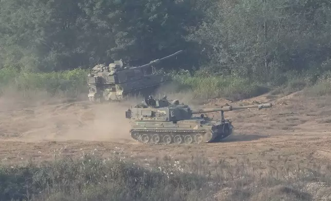 A South Korean army K-9 self-propelled howitzer moves in Paju, South Korea, near the border with North Korea, Thursday, Oct. 17, 2024. (AP Photo/Ahn Young-joon)