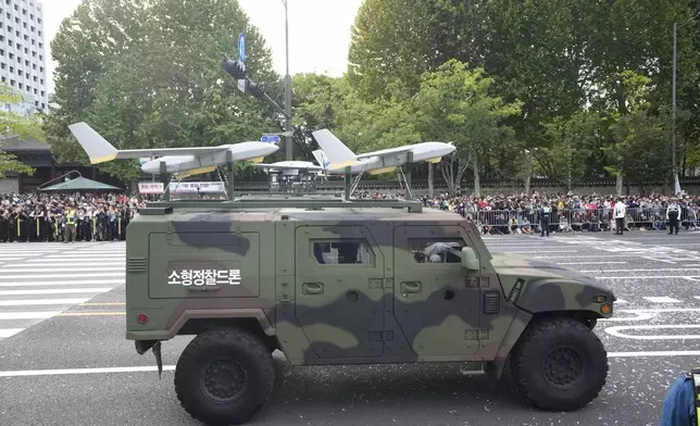South Korean reconnaissance drones are carried in a parade during the 76th Armed Forces Day ceremony in Seoul, South Korea, on Oct. 1, 2024. (AP Photo/Ahn Young-joon)