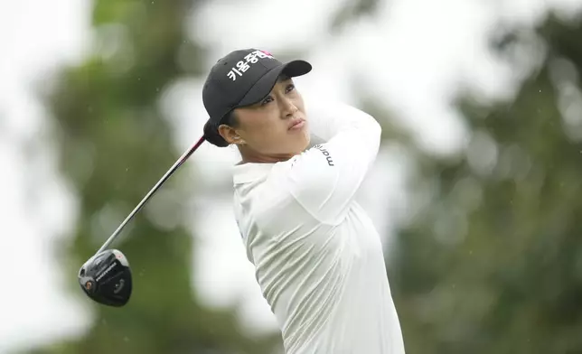 Amy Yang of South Korea watches her tee shot on the sixth hole during the second round of the LPGA Ladies Championship golf tournament at the Seowon Valley Country Club in Paju, South Korea, Friday, Oct. 18, 2024. (AP Photo/Lee Jin-man)