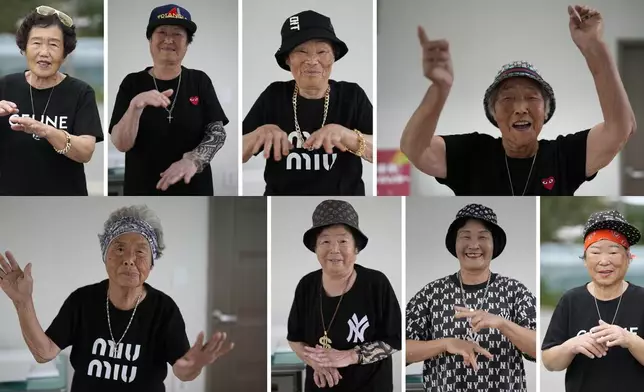 This combination image made from eight photographs show members of Suni and the Seven Princesses at a senior community center in Chilgok, South Korea, Thursday, Oct. 3, 2024. (AP Photo/Lee Jin-man)