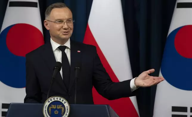 Poland's President Andrzej Duda, speaks during a joint press conference with South Korean President Yoon Suk Yeol, unseen, at the Presidential Office in Seoul, South Korea, Thursday, Oct. 24, 2024. (Jeon Heon-Kyun/Pool Photo via AP)