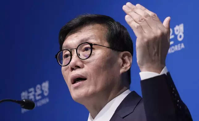 Bank of Korea Gov. Rhee Chang-yong speaks during a press conference at the central bank in Seoul, South Korea, Friday, Oct. 11, 2024. (AP Photo/Ahn Young-joon)