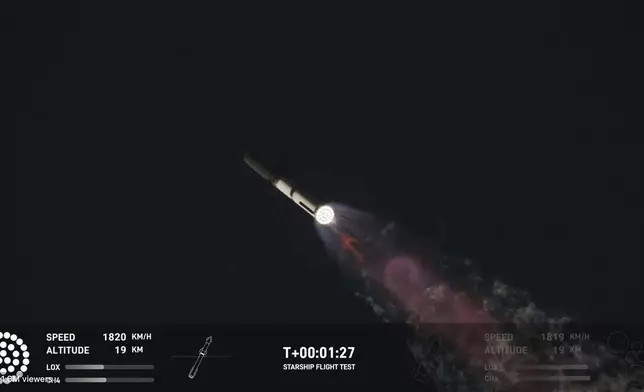 This image provided by SpaceX shows SpaceX's mega Starship rocket, Sunday, Oct. 13, 2024, over Boca Chica, Texas. (SpaceX via AP)