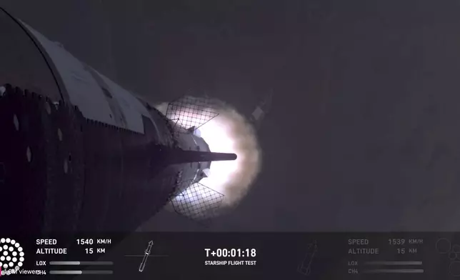 This image provided by SpaceX shows SpaceX's mega Starship rocket, Sunday, Oct. 13, 2024, over Boca Chica, Texas. (SpaceX via AP)