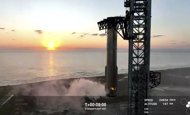 This image provided by SpaceX shows SpaceX's mega Starship rocket upon its return during a test flight, Sunday, Oct. 13, 2024, over Boca Chica, Texas. (SpaceX via AP)