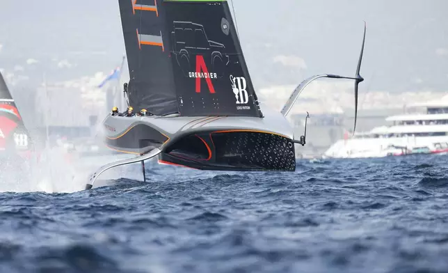 Ineos Britannia races during the Louis Vuitton 37th America's Cup Day 2 race in Barcelona, Spain, Sunday, Oct. 13, 2024. (AP Photo/Bernat Armangue)