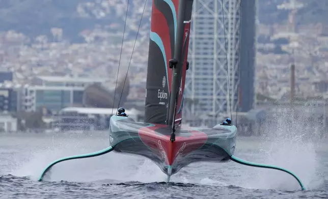 Emirates Team New Zealand races during Louis Vuitton 37th America's Cup Day 5 race 7 in Barcelona, Spain, Friday, Oct. 18, 2024. (AP Photo/Bernat Armangue)