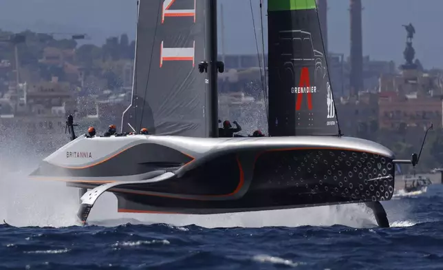 INEOS Britannia sailing team competes during the Louis Vuitton Cup Final Day 7 at the Barcelona's coast, Spain, Friday, Oct. 4, 2024. (AP Photo/Joan Monfort)