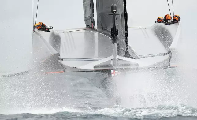 Ineos Britannia races during the Louis Vuitton 37th America's Cup race in Barcelona, Spain, Saturday, Oct. 12, 2024. (AP Photo/Bernat Armangue)