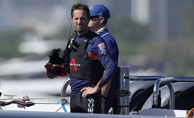 Ineos Britannia skipper Ben Ainslie reacts after winning the race 5 of the Louis Vuitton 37th America's Cup Day 4, in Barcelona, Spain, Wednesday, Oct. 16, 2024. (AP Photo/Bernat Armangue)