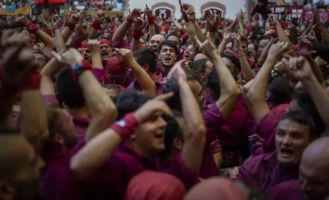 Members of "Castellers de Lleida" celebrate after successfully completing a "castells" or human tower, during the 29th Human Tower Competition in Tarragona, Spain, Saturday, Oct. 5, 2024. (AP Photo/Emilio Morenatti)