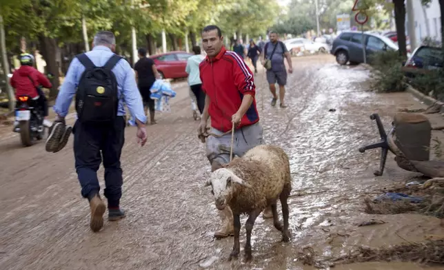 People walk on muddy roads after floods in Valencia, Spain, Wednesday, Oct. 30, 2024. (AP Photo/Alberto Saiz)