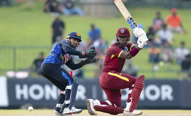 West Indies Sherfane Rutherford plays a shot during the first ODI cricket match between Sri Lanka and West Indies in Pallekele, Sri Lanka, Sunday, Oct. 20, 2024. (AP Photo/Viraj Kothalawala)