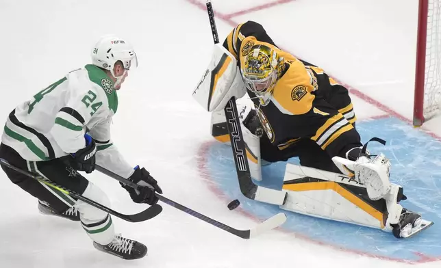 Dallas Stars center Roope Hintz (24) is unable to get the puck past Boston Bruins goaltender Jeremy Swayman (1) in the second period of an NHL hockey game, Thursday, Oct. 24, 2024, in Boston. (AP Photo/Steven Senne)