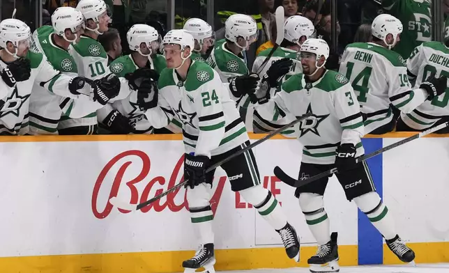 Dallas Stars center Roope Hintz (24) celebrates his goal with teammates during the second period of an NHL hockey game against the Nashville Predators, Thursday, Oct. 10, 2024, in Nashville, Tenn. (AP Photo/George Walker IV)