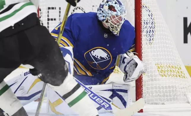 Buffalo Sabres goaltender Ukko-Pekka Luukkonen looks for the puck in traffic during the second period of an NHL hockey game against the Dallas Stars, Tuesday, Oct. 22, 2024, in Buffalo, N.Y. (AP Photo/Jeffrey T. Barnes)