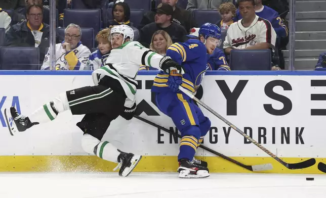 Dallas Stars center Sam Steel and Buffalo Sabres defenseman Bowen Byram (4) collide during the second period of an NHL hockey game, Tuesday, Oct. 22, 2024, in Buffalo, N.Y. (AP Photo/Jeffrey T. Barnes)